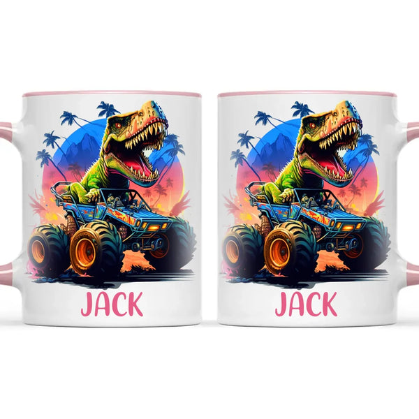 Personalised with Name, Dinosaur Monster Truck Kids Mug – Customised Dino Off-Road Cup for Children – Available in 11oz, 6oz & Enamel Options
