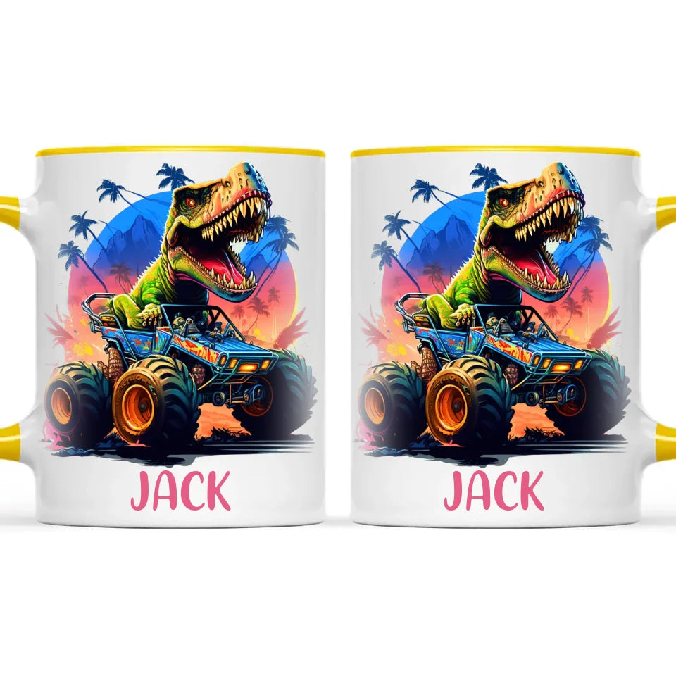 Personalised with Name, Dinosaur Monster Truck Kids Mug – Customised Dino Off-Road Cup for Children – Available in 11oz, 6oz & Enamel Options