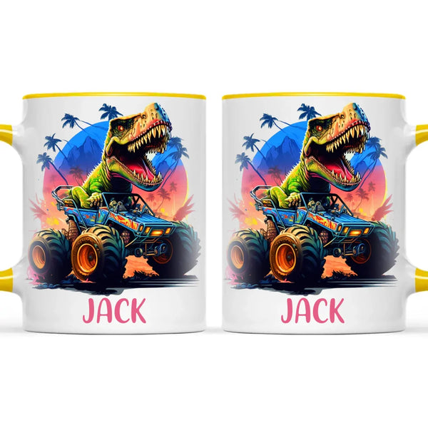 Personalised with Name, Dinosaur Monster Truck Kids Mug – Customised Dino Off-Road Cup for Children – Available in 11oz, 6oz & Enamel Options