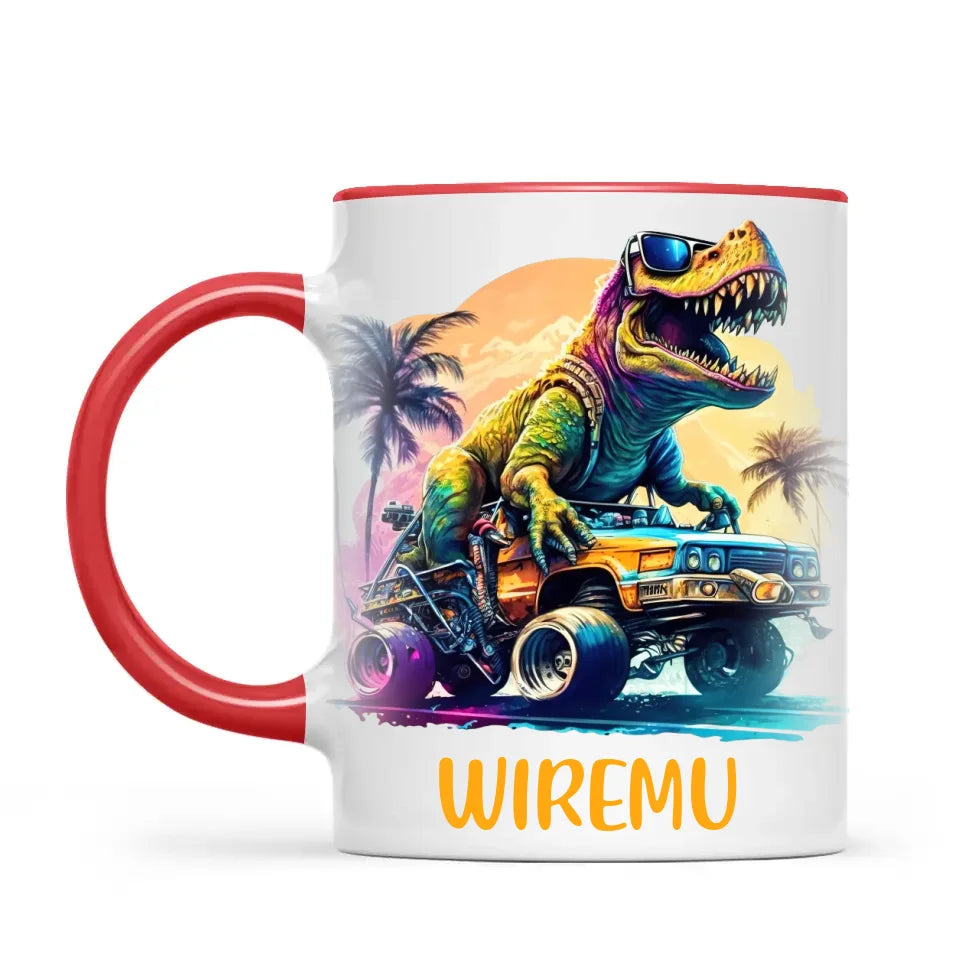Personalised with Name, Cool Dinosaur Beach Cruiser Kids Mug – Customised T-Rex Car Adventure Cup for Children – Available in 11oz, 6oz & Enamel Options