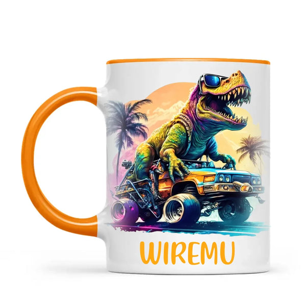 Personalised with Name, Cool Dinosaur Beach Cruiser Kids Mug – Customised T-Rex Car Adventure Cup for Children – Available in 11oz, 6oz & Enamel Options