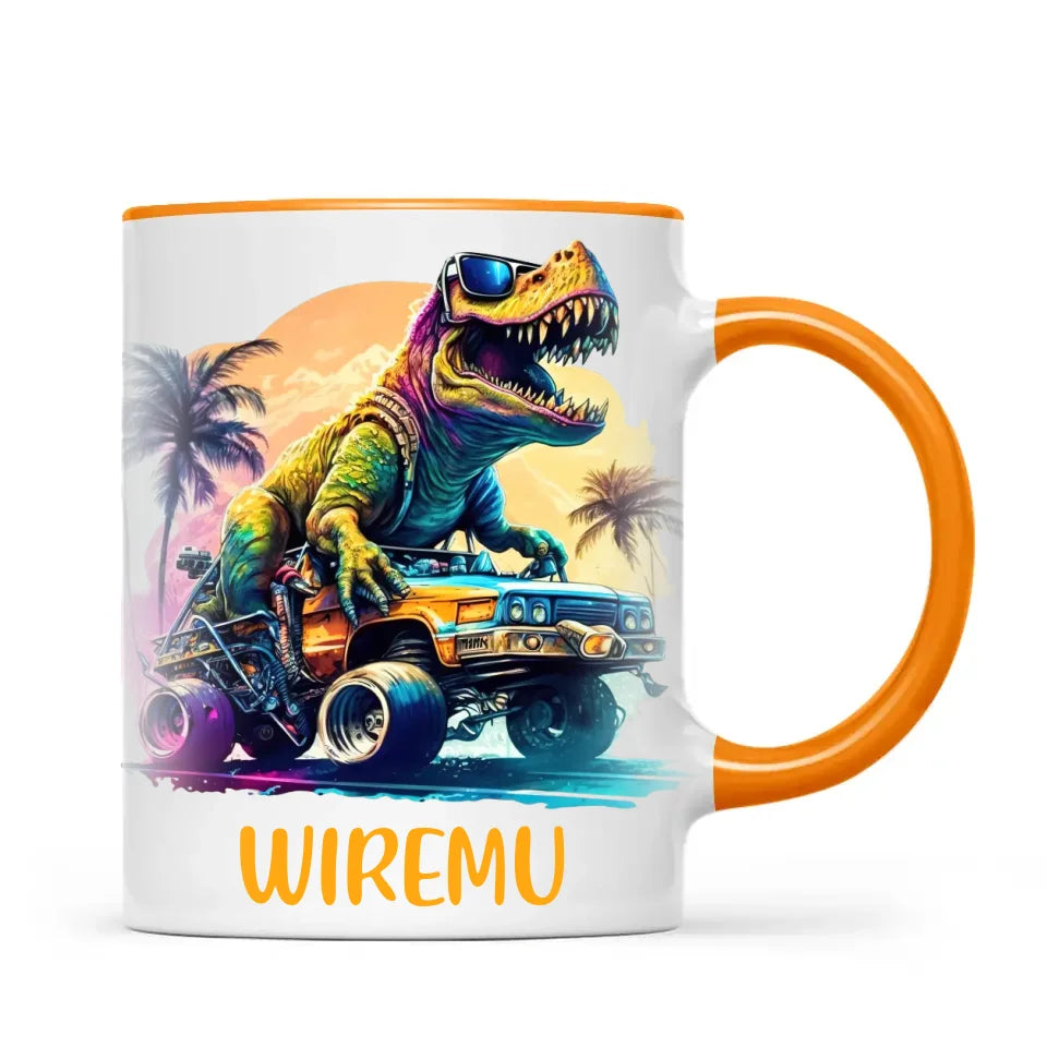 Personalised with Name, Cool Dinosaur Beach Cruiser Kids Mug – Customised T-Rex Car Adventure Cup for Children – Available in 11oz, 6oz & Enamel Options