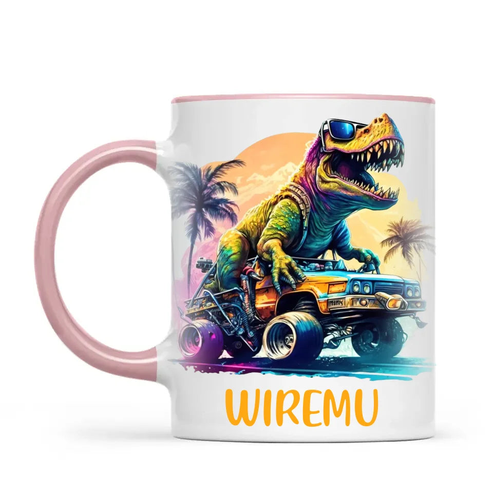 Personalised with Name, Cool Dinosaur Beach Cruiser Kids Mug – Customised T-Rex Car Adventure Cup for Children – Available in 11oz, 6oz & Enamel Options