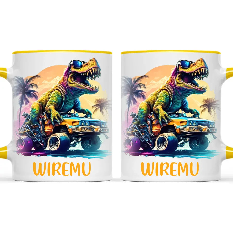 Personalised with Name, Cool Dinosaur Beach Cruiser Kids Mug – Customised T-Rex Car Adventure Cup for Children – Available in 11oz, 6oz & Enamel Options