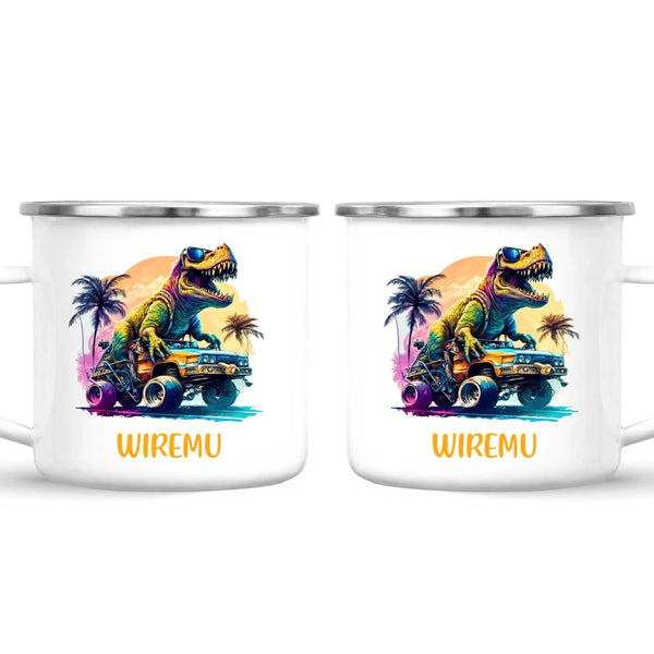 Personalised with Name, Cool Dinosaur Beach Cruiser Kids Mug – Customised T-Rex Car Adventure Cup for Children – Available in 11oz, 6oz & Enamel Options