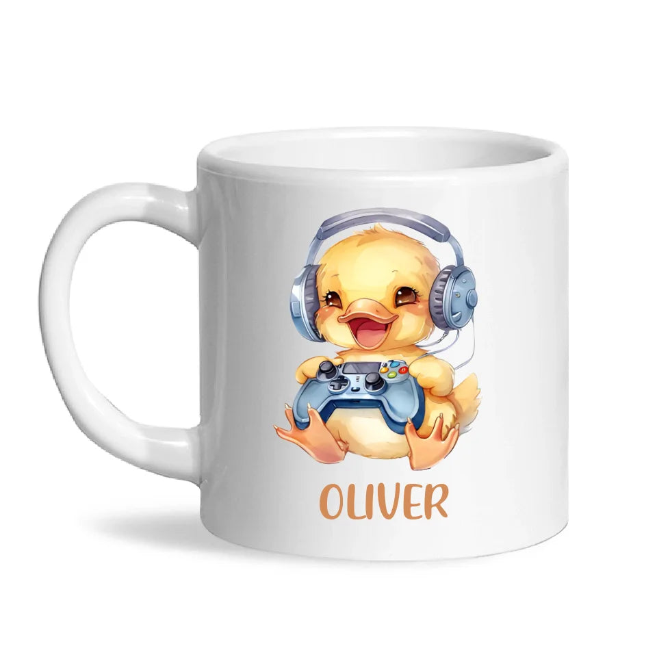 Personalised Gaming Duck Kids Cup - Custom Name Cup - 11oz, 6oz or Enamel Cup - Cute Gamer Duck Gift - NZ Made