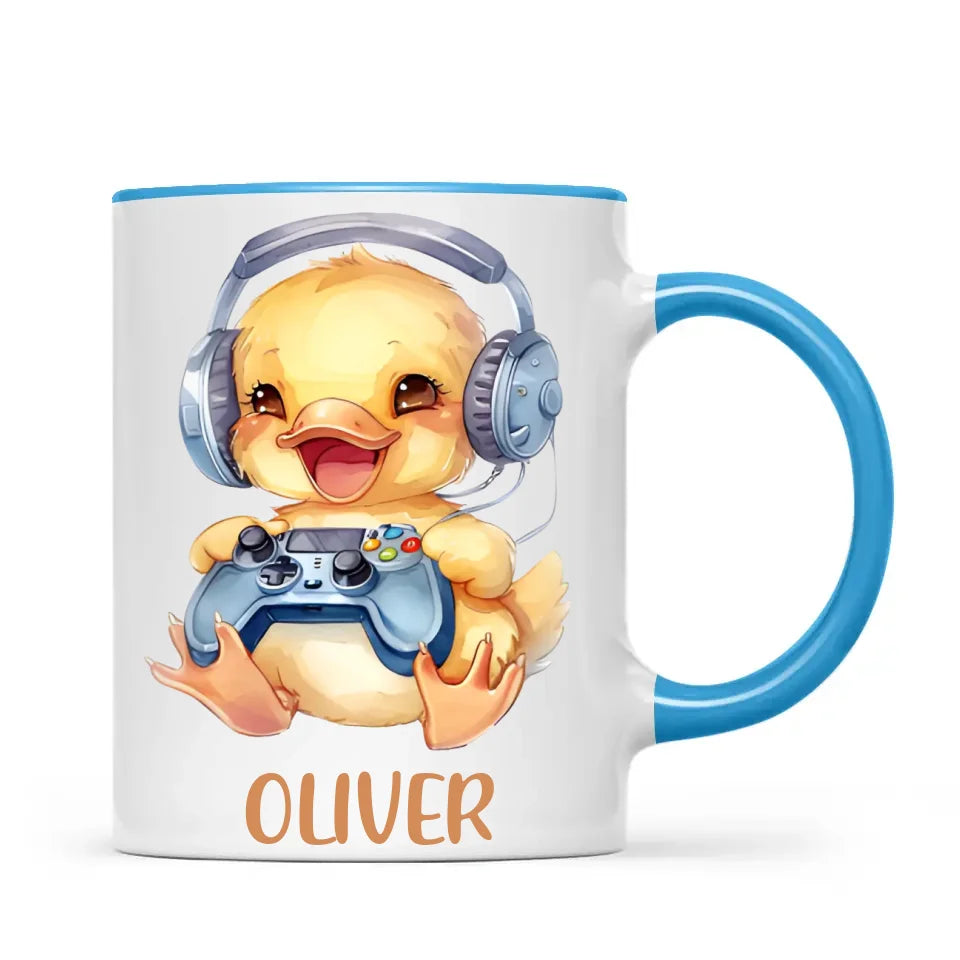 Personalised Gaming Duck Kids Cup - Custom Name Cup - 11oz, 6oz or Enamel Cup - Cute Gamer Duck Gift - NZ Made
