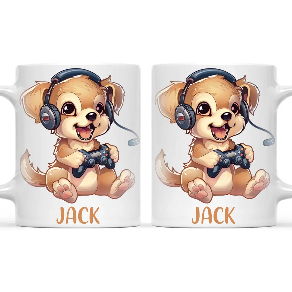 Personalised with Name, Gamer Puppy Kids Mug – Customised Cute Dog Gaming Cup for Children – Available in 11oz, 6oz & Enamel Options