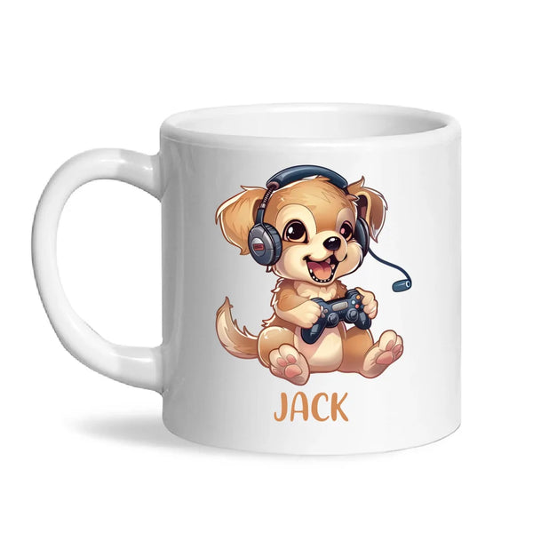 Personalised with Name, Gamer Puppy Kids Mug – Customised Cute Dog Gaming Cup for Children – Available in 11oz, 6oz & Enamel Options