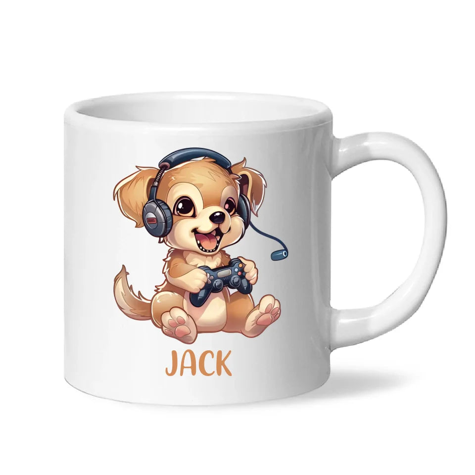 Personalised with Name, Gamer Puppy Kids Mug – Customised Cute Dog Gaming Cup for Children – Available in 11oz, 6oz & Enamel Options
