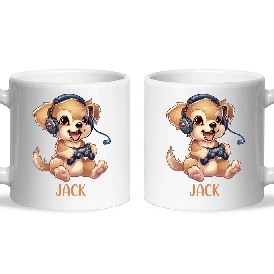 Personalised with Name, Gamer Puppy Kids Mug – Customised Cute Dog Gaming Cup for Children – Available in 11oz, 6oz & Enamel Options