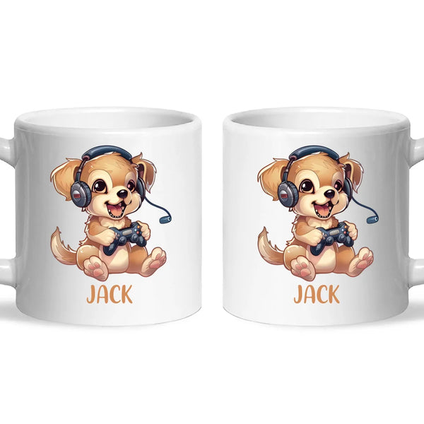 Personalised with Name, Gamer Puppy Kids Mug – Customised Cute Dog Gaming Cup for Children – Available in 11oz, 6oz & Enamel Options