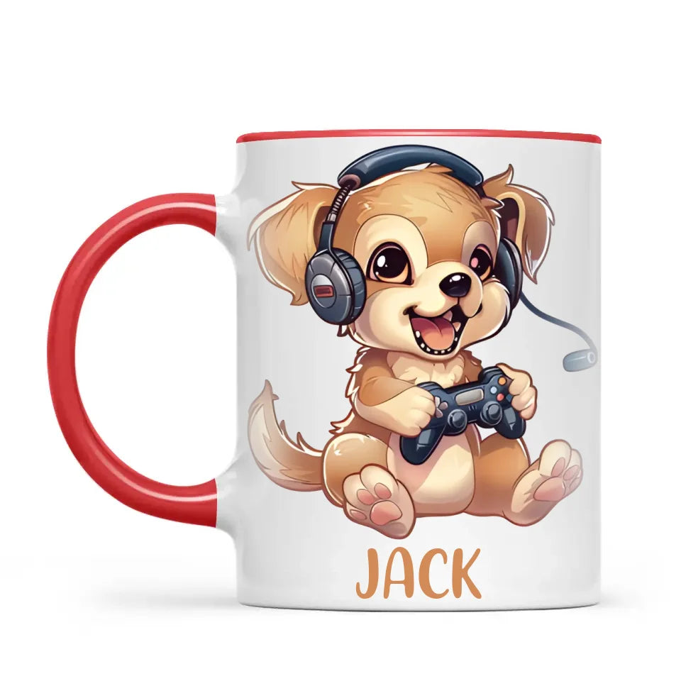 Personalised with Name, Gamer Puppy Kids Mug – Customised Cute Dog Gaming Cup for Children – Available in 11oz, 6oz & Enamel Options