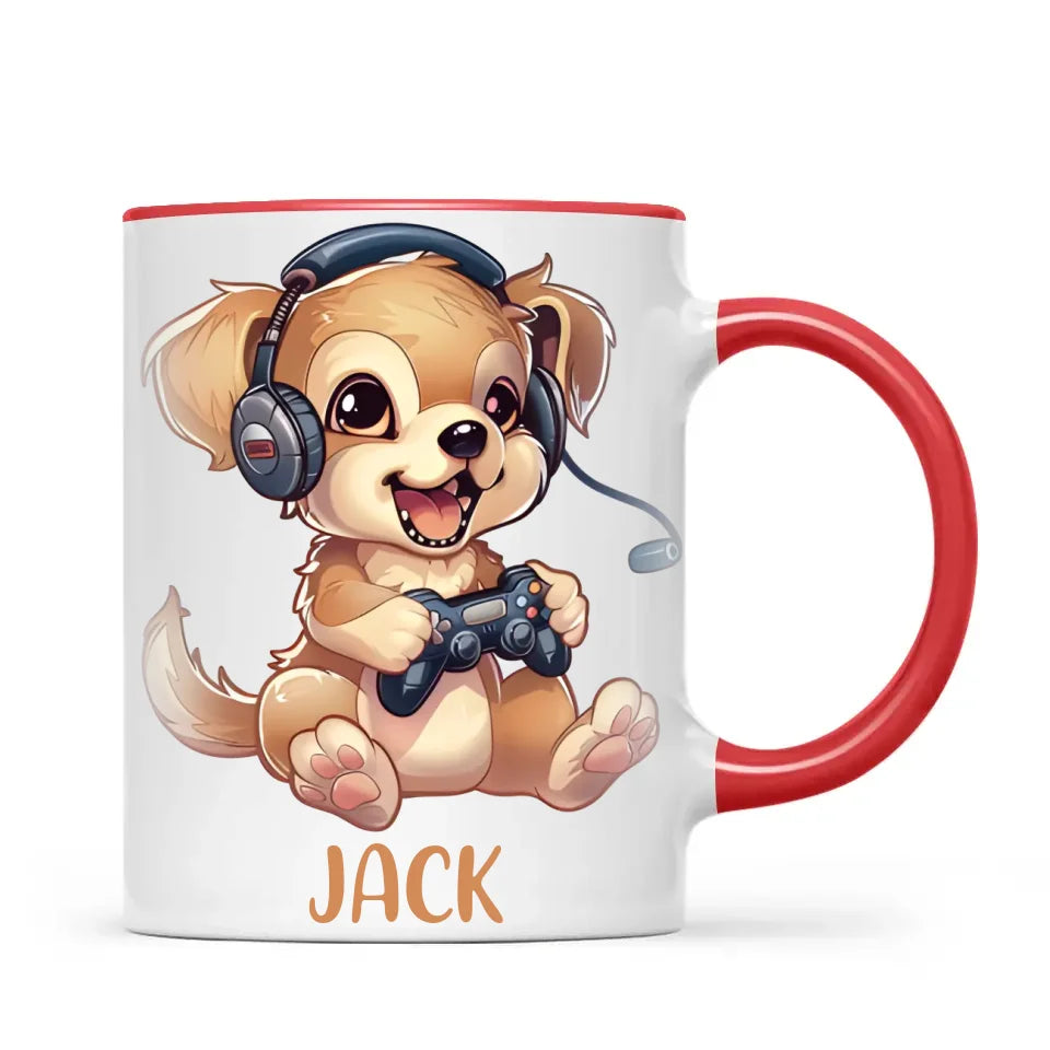 Personalised with Name, Gamer Puppy Kids Mug – Customised Cute Dog Gaming Cup for Children – Available in 11oz, 6oz & Enamel Options
