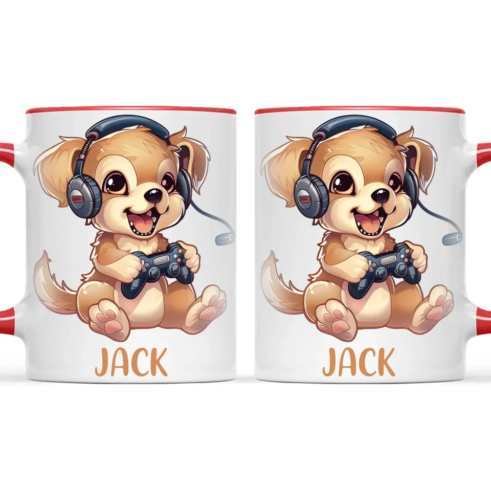 Personalised with Name, Gamer Puppy Kids Mug – Customised Cute Dog Gaming Cup for Children – Available in 11oz, 6oz & Enamel Options