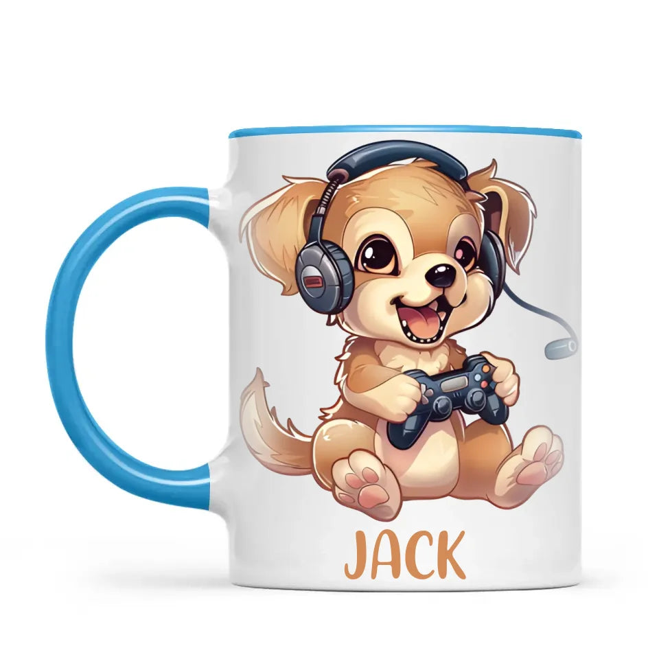 Personalised with Name, Gamer Puppy Kids Mug – Customised Cute Dog Gaming Cup for Children – Available in 11oz, 6oz & Enamel Options