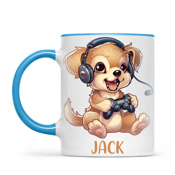 Personalised with Name, Gamer Puppy Kids Mug – Customised Cute Dog Gaming Cup for Children – Available in 11oz, 6oz & Enamel Options