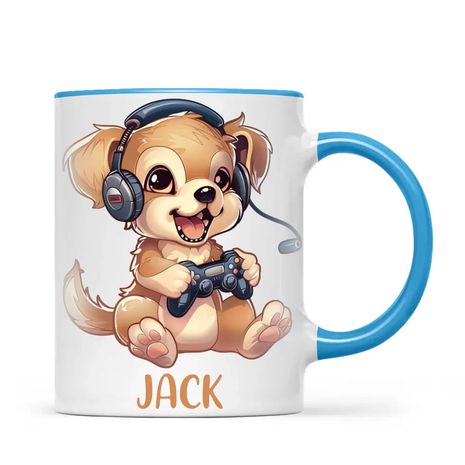 Personalised with Name, Gamer Puppy Kids Mug – Customised Cute Dog Gaming Cup for Children – Available in 11oz, 6oz & Enamel Options