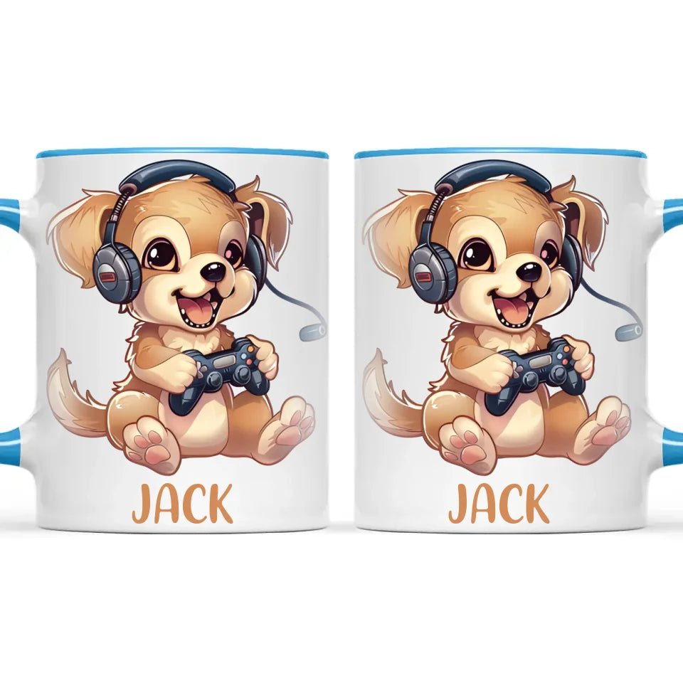 Personalised with Name, Gamer Puppy Kids Mug – Customised Cute Dog Gaming Cup for Children – Available in 11oz, 6oz & Enamel Options