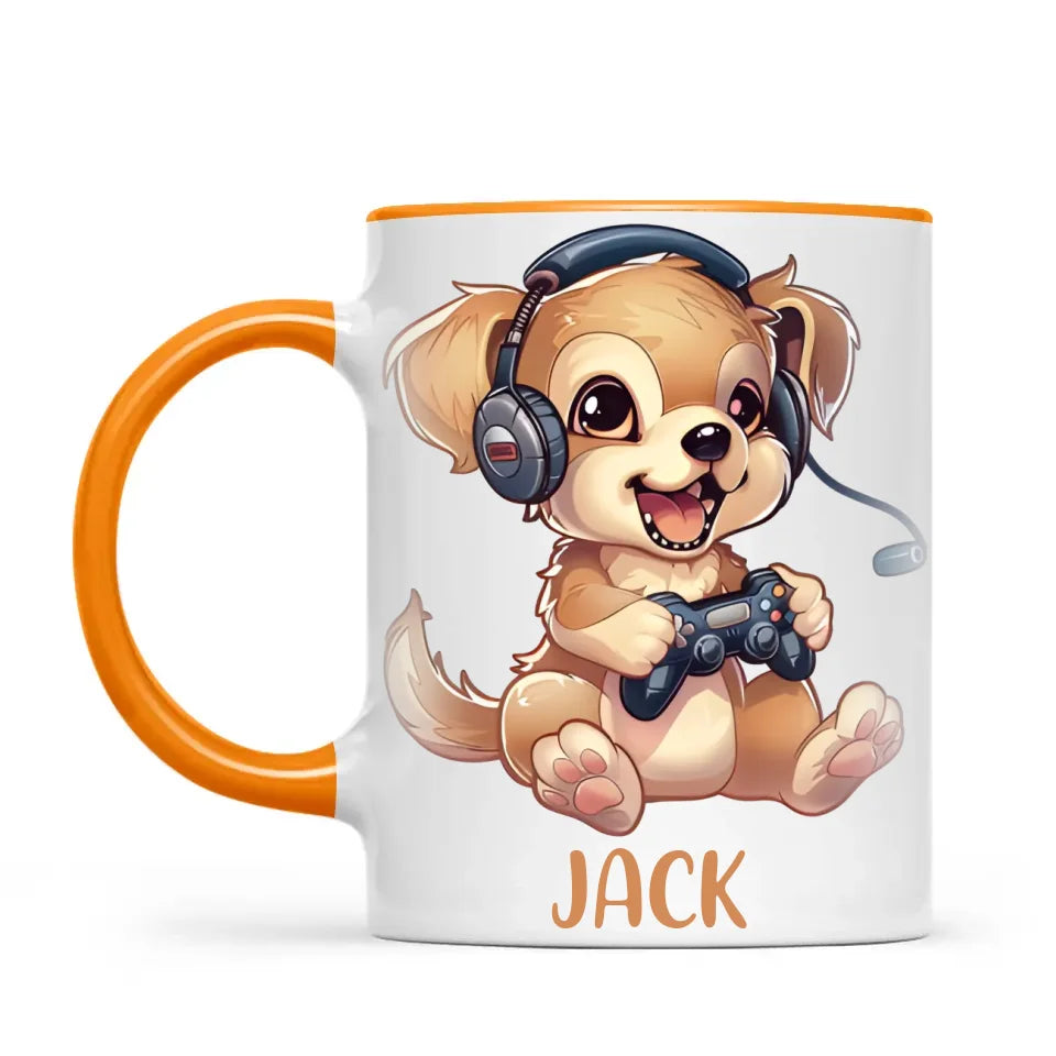 Personalised with Name, Gamer Puppy Kids Mug – Customised Cute Dog Gaming Cup for Children – Available in 11oz, 6oz & Enamel Options