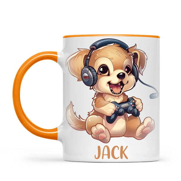 Personalised with Name, Gamer Puppy Kids Mug – Customised Cute Dog Gaming Cup for Children – Available in 11oz, 6oz & Enamel Options