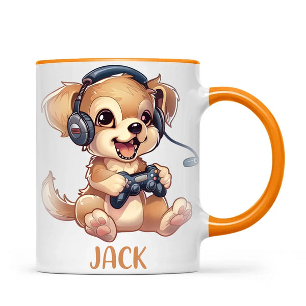Personalised with Name, Gamer Puppy Kids Mug – Customised Cute Dog Gaming Cup for Children – Available in 11oz, 6oz & Enamel Options