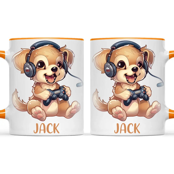 Personalised with Name, Gamer Puppy Kids Mug – Customised Cute Dog Gaming Cup for Children – Available in 11oz, 6oz & Enamel Options