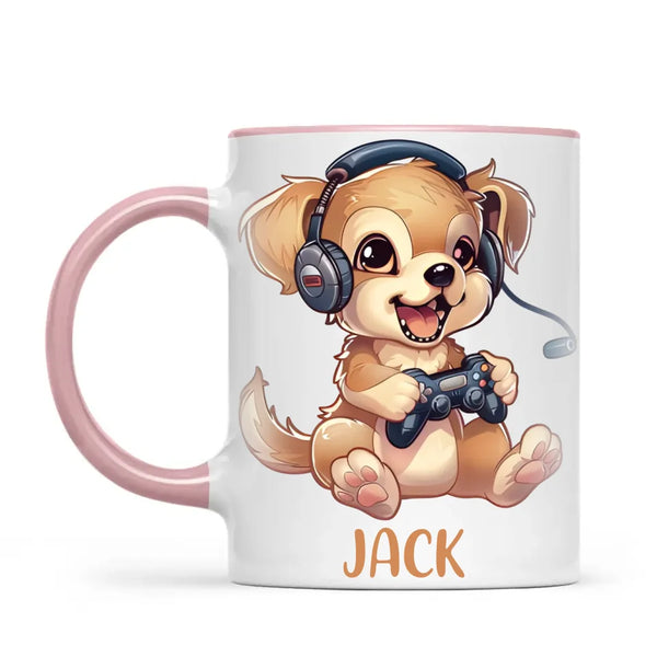 Personalised with Name, Gamer Puppy Kids Mug – Customised Cute Dog Gaming Cup for Children – Available in 11oz, 6oz & Enamel Options