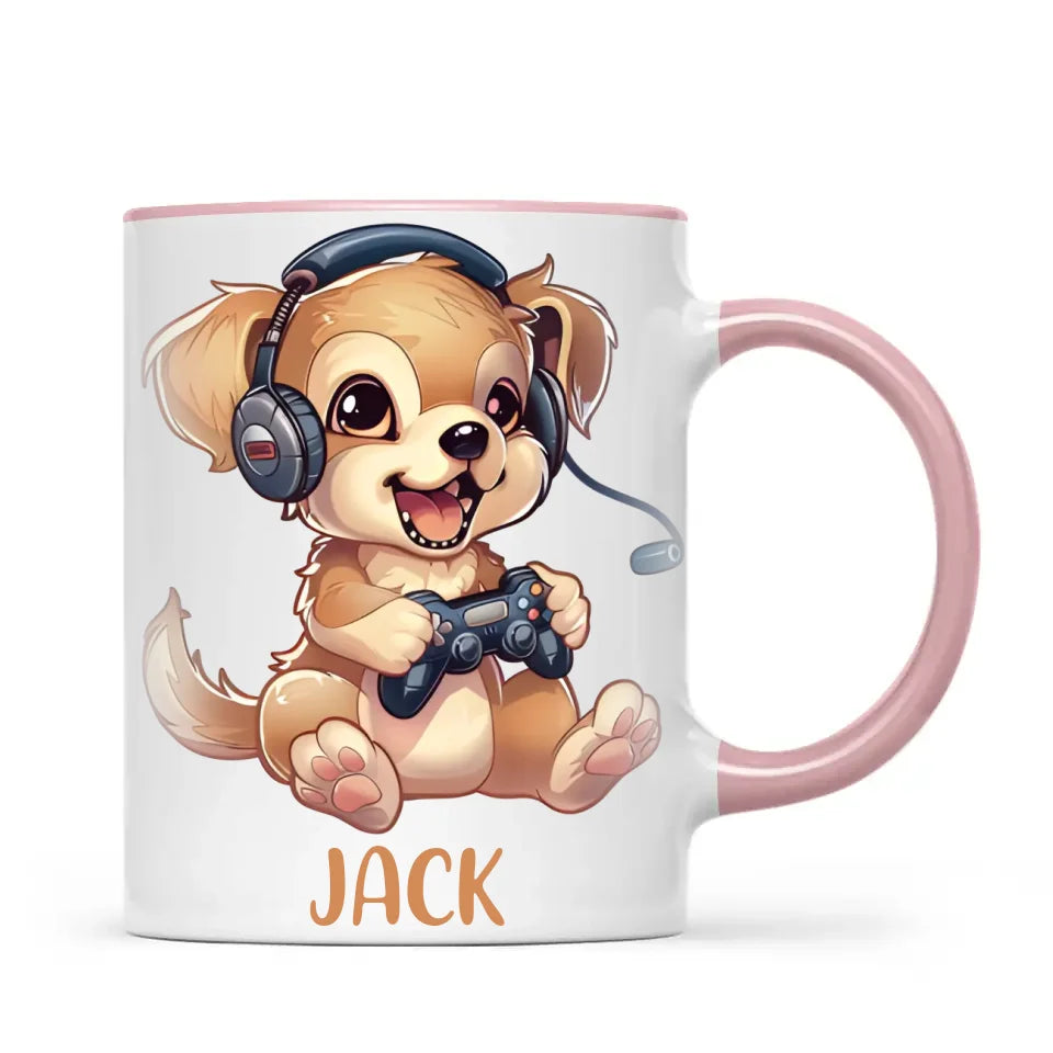 Personalised with Name, Gamer Puppy Kids Mug – Customised Cute Dog Gaming Cup for Children – Available in 11oz, 6oz & Enamel Options