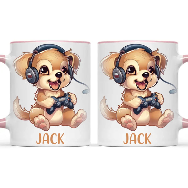 Personalised with Name, Gamer Puppy Kids Mug – Customised Cute Dog Gaming Cup for Children – Available in 11oz, 6oz & Enamel Options