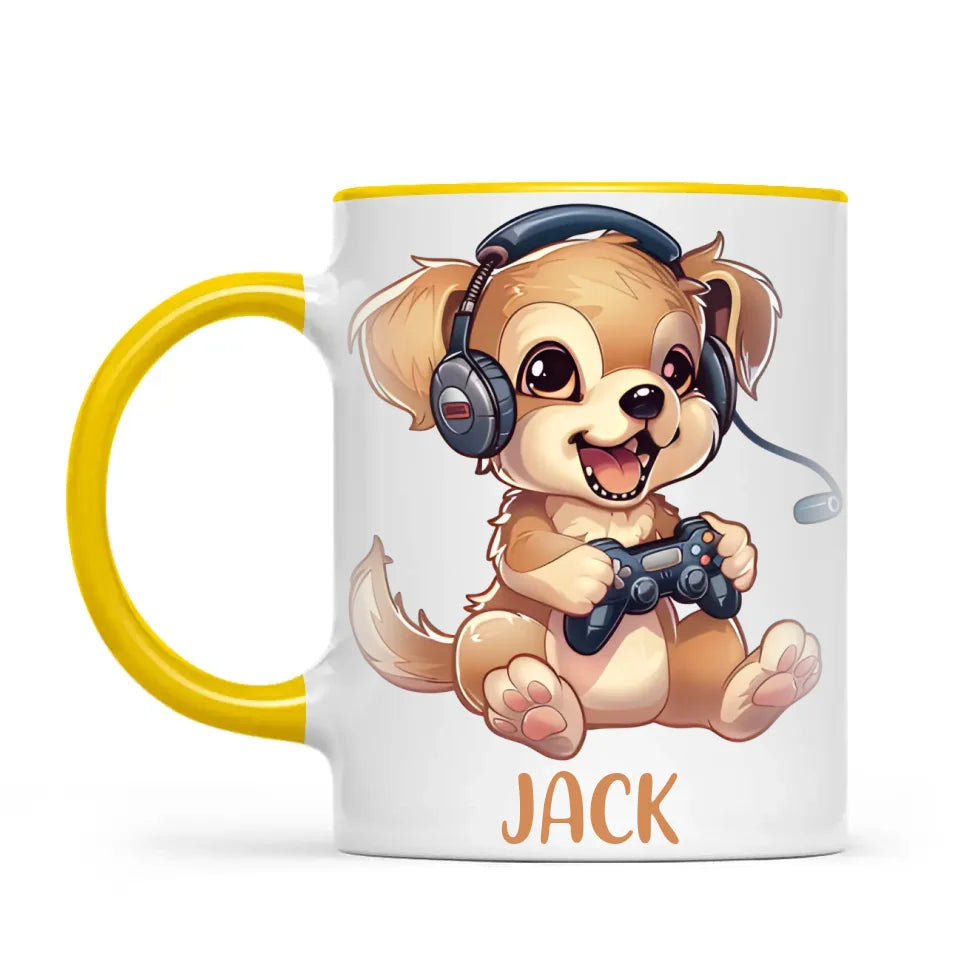 Personalised with Name, Gamer Puppy Kids Mug – Customised Cute Dog Gaming Cup for Children – Available in 11oz, 6oz & Enamel Options