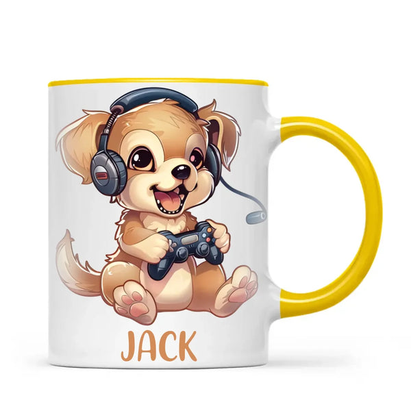 Personalised with Name, Gamer Puppy Kids Mug – Customised Cute Dog Gaming Cup for Children – Available in 11oz, 6oz & Enamel Options