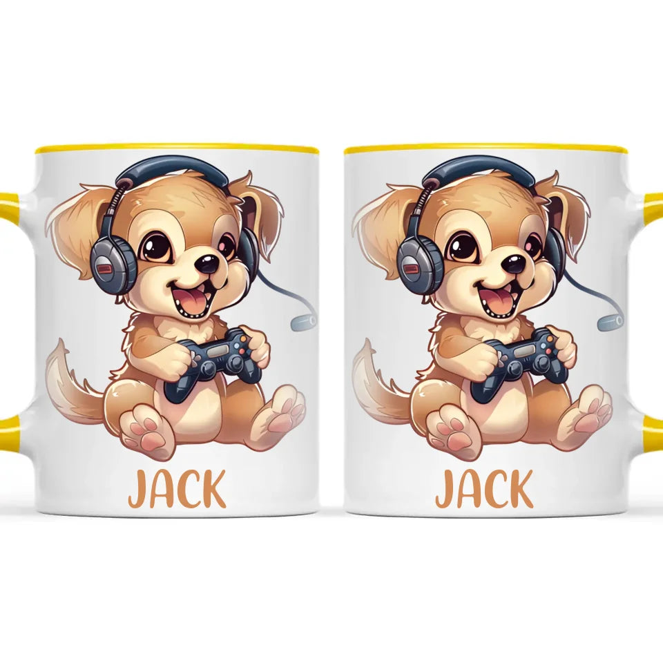 Personalised with Name, Gamer Puppy Kids Mug – Customised Cute Dog Gaming Cup for Children – Available in 11oz, 6oz & Enamel Options