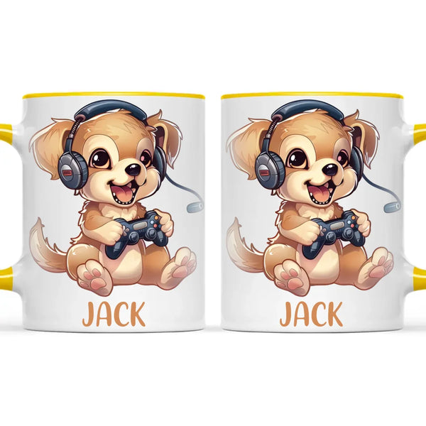 Personalised with Name, Gamer Puppy Kids Mug – Customised Cute Dog Gaming Cup for Children – Available in 11oz, 6oz & Enamel Options