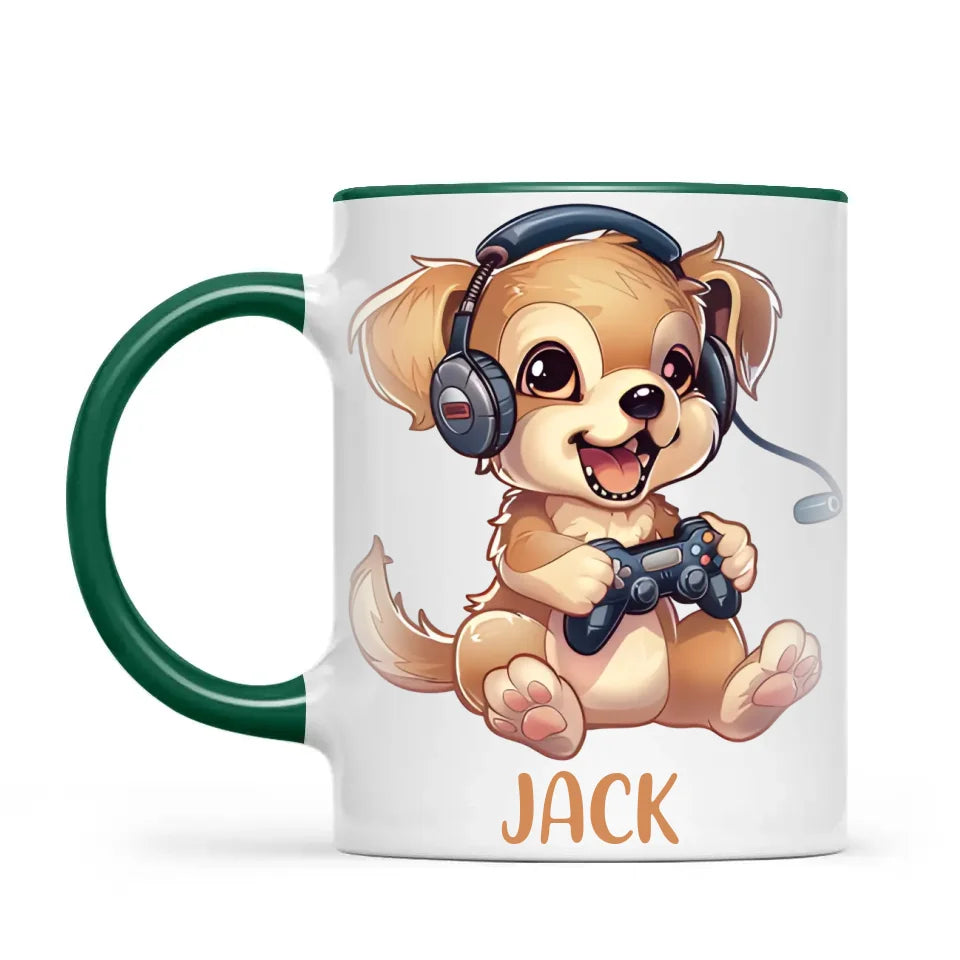 Personalised with Name, Gamer Puppy Kids Mug – Customised Cute Dog Gaming Cup for Children – Available in 11oz, 6oz & Enamel Options