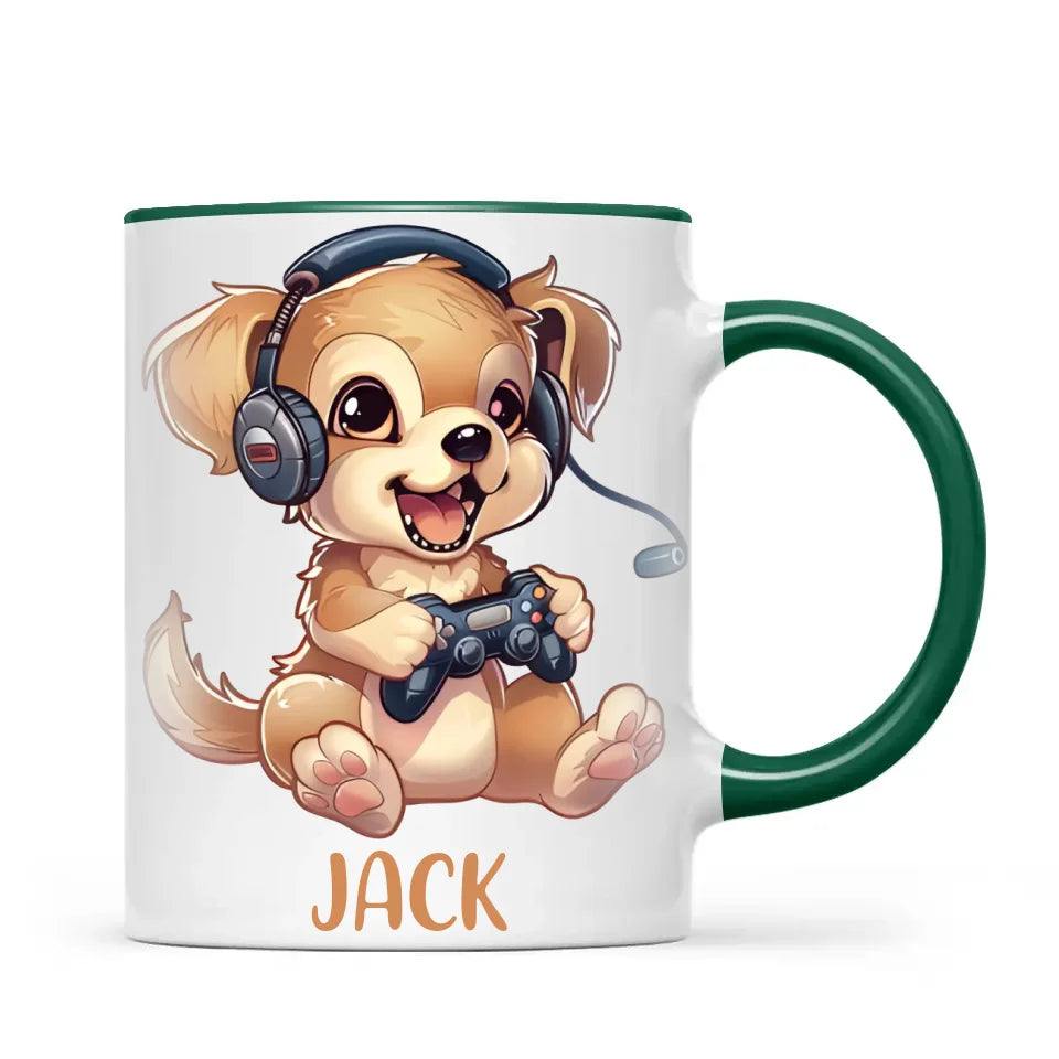 Personalised with Name, Gamer Puppy Kids Mug – Customised Cute Dog Gaming Cup for Children – Available in 11oz, 6oz & Enamel Options