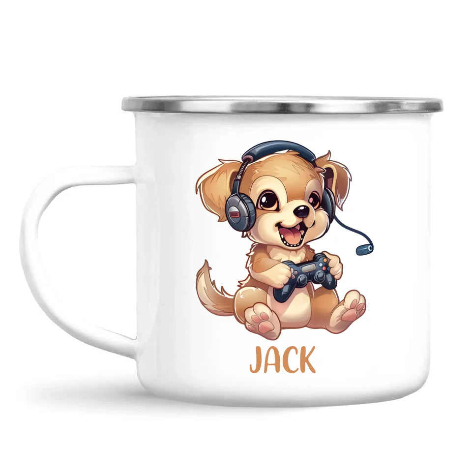 Personalised with Name, Gamer Puppy Kids Mug – Customised Cute Dog Gaming Cup for Children – Available in 11oz, 6oz & Enamel Options