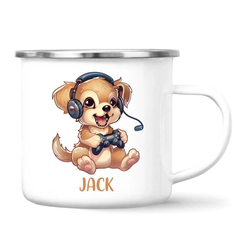 Personalised with Name, Gamer Puppy Kids Mug – Customised Cute Dog Gaming Cup for Children – Available in 11oz, 6oz & Enamel Options