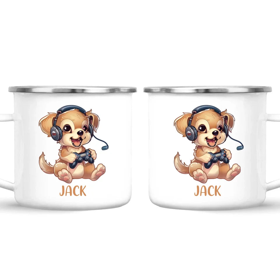 Personalised with Name, Gamer Puppy Kids Mug – Customised Cute Dog Gaming Cup for Children – Available in 11oz, 6oz & Enamel Options