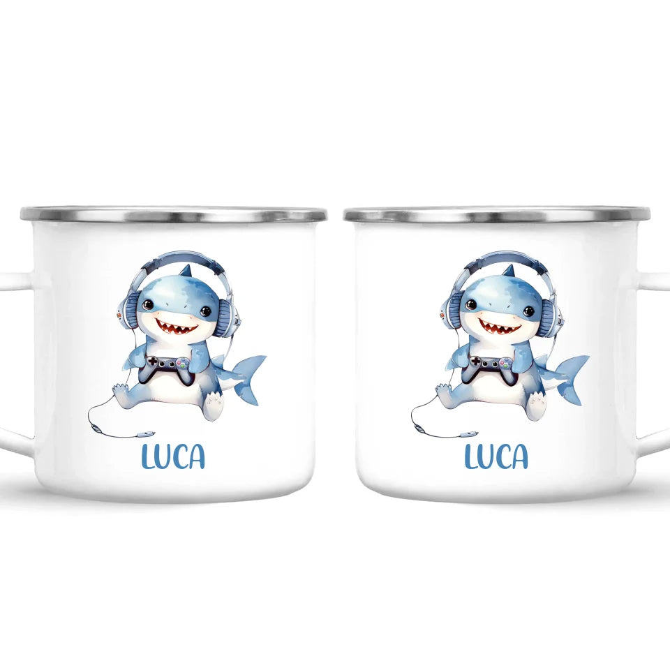 Personalised Gaming Shark Kids Cup - Custom Name Cup - 11oz, 6oz or Enamel - Cute Gamer Shark Gift - NZ Made