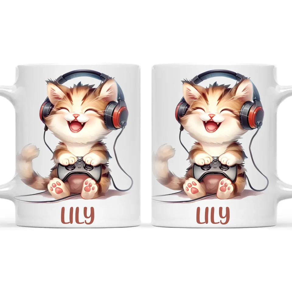 Personalised Gaming Cat Kids Cup - Custom Name Cup - 11oz, 6oz or Enamel - Cute Gamer Cat Gift - NZ Made