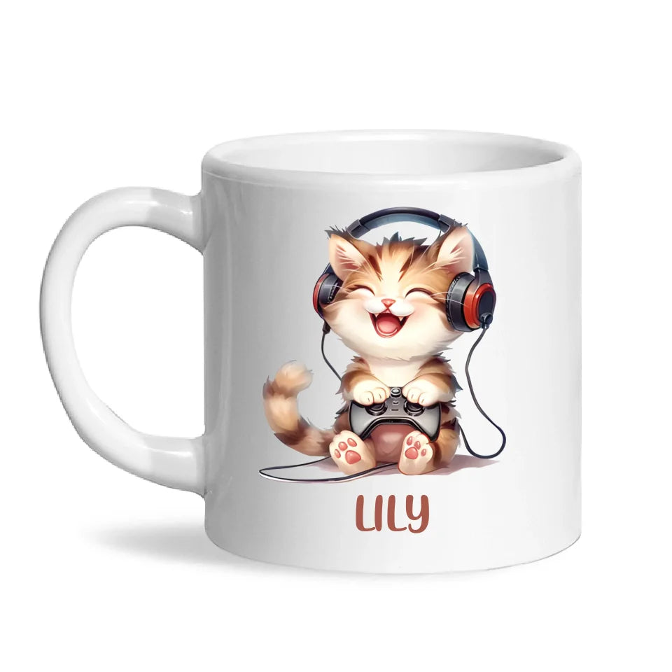 Personalised Gaming Cat Kids Cup - Custom Name Cup - 11oz, 6oz or Enamel - Cute Gamer Cat Gift - NZ Made