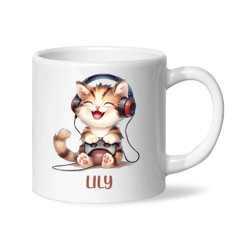 Personalised Gaming Cat Kids Cup - Custom Name Cup - 11oz, 6oz or Enamel - Cute Gamer Cat Gift - NZ Made