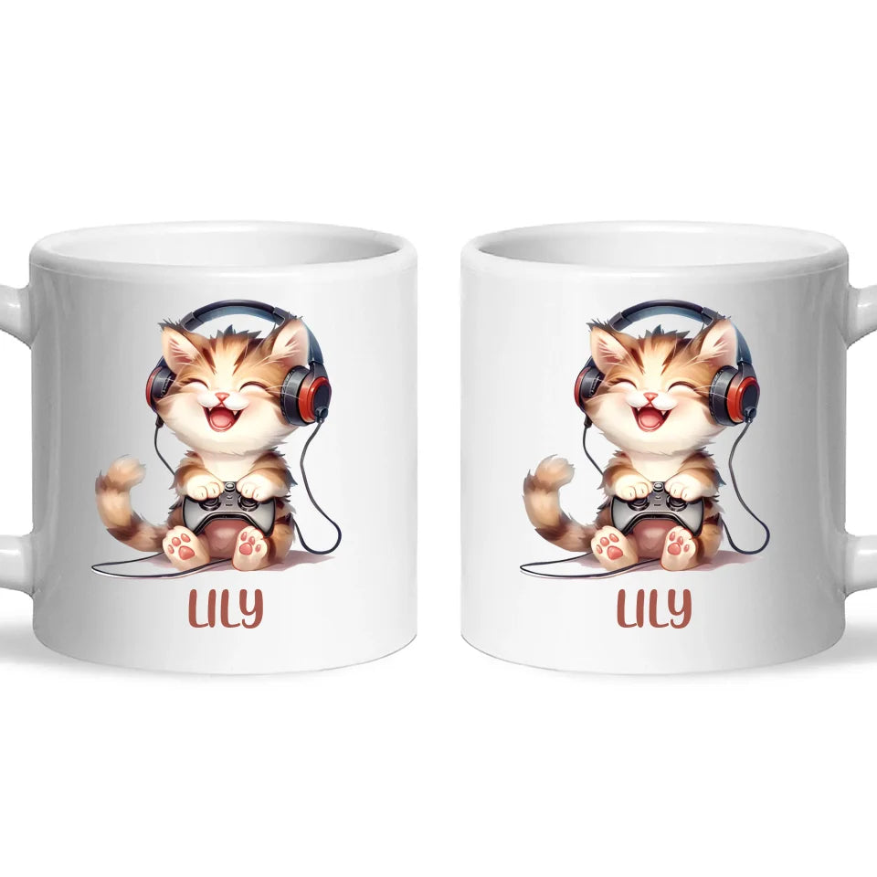 Personalised Gaming Cat Kids Cup - Custom Name Cup - 11oz, 6oz or Enamel - Cute Gamer Cat Gift - NZ Made