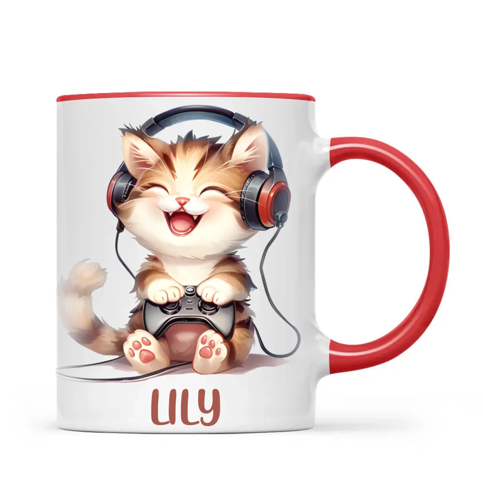 Personalised Gaming Cat Kids Cup - Custom Name Cup - 11oz, 6oz or Enamel - Cute Gamer Cat Gift - NZ Made