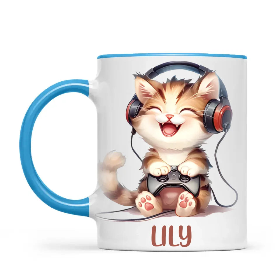 Personalised Gaming Cat Kids Cup - Custom Name Cup - 11oz, 6oz or Enamel - Cute Gamer Cat Gift - NZ Made