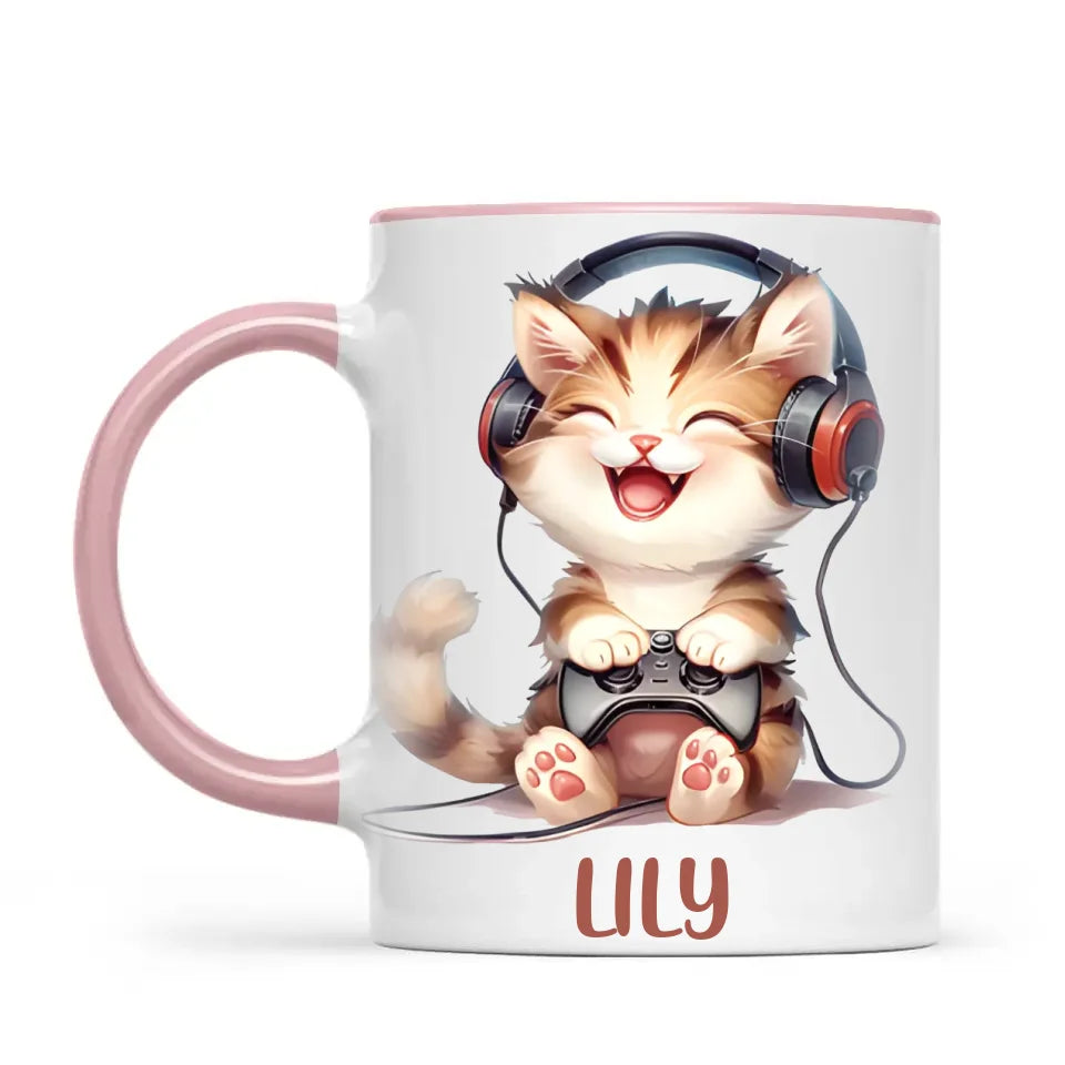 Personalised Gaming Cat Kids Cup - Custom Name Cup - 11oz, 6oz or Enamel - Cute Gamer Cat Gift - NZ Made