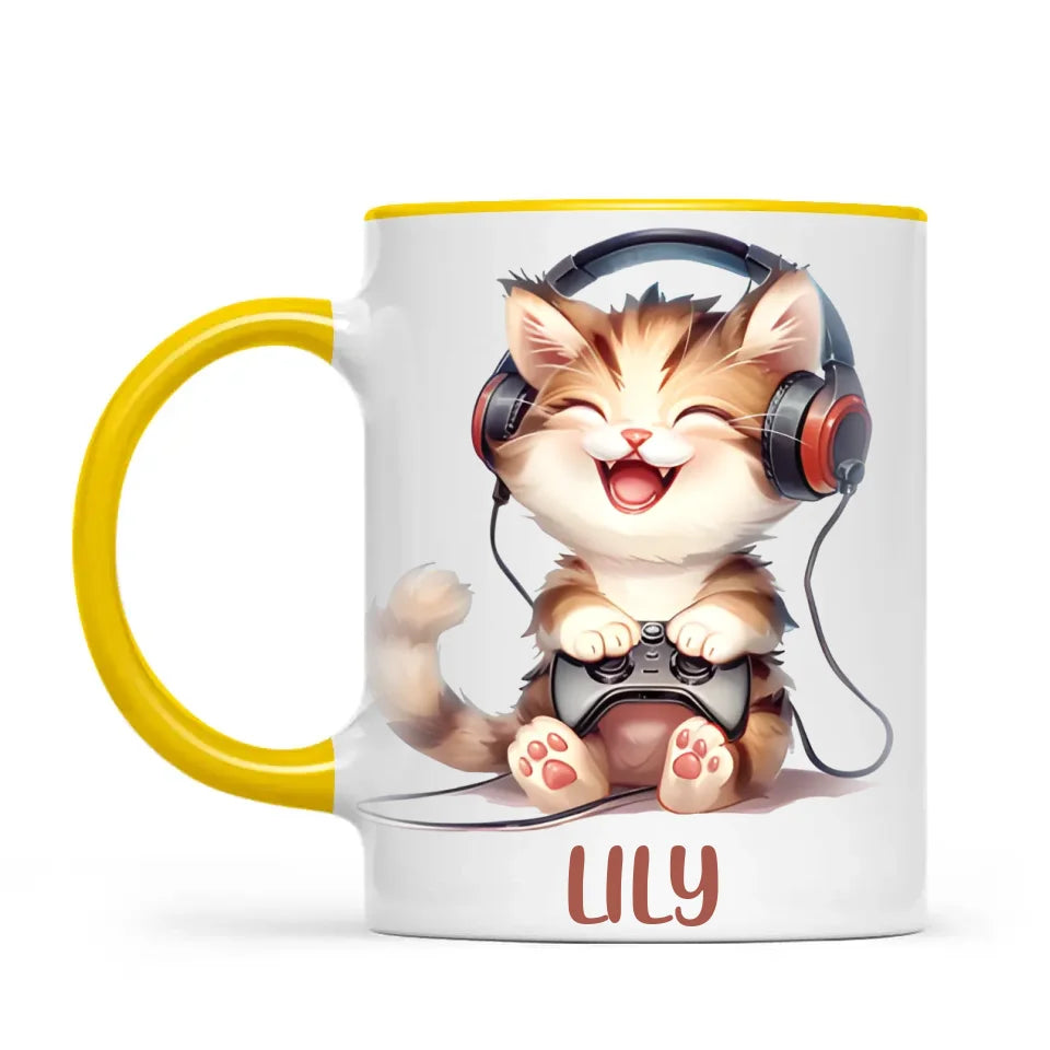 Personalised Gaming Cat Kids Cup - Custom Name Cup - 11oz, 6oz or Enamel - Cute Gamer Cat Gift - NZ Made