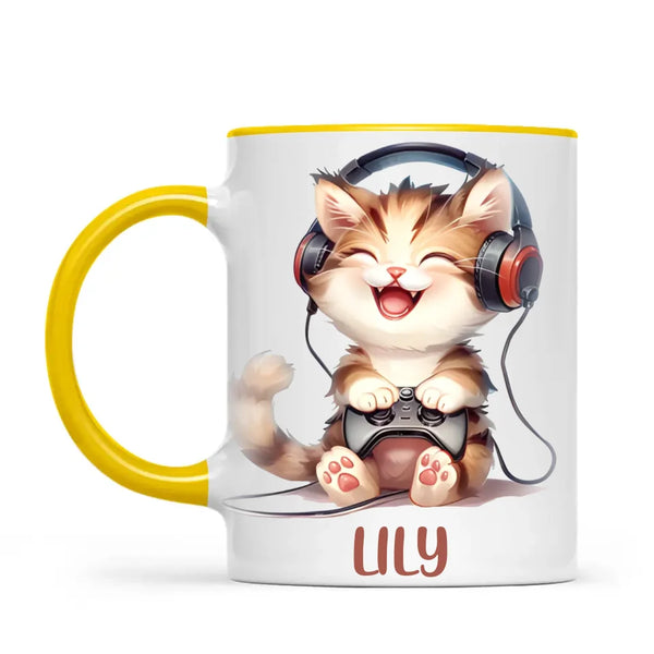 Personalised Gaming Cat Kids Cup - Custom Name Cup - 11oz, 6oz or Enamel - Cute Gamer Cat Gift - NZ Made