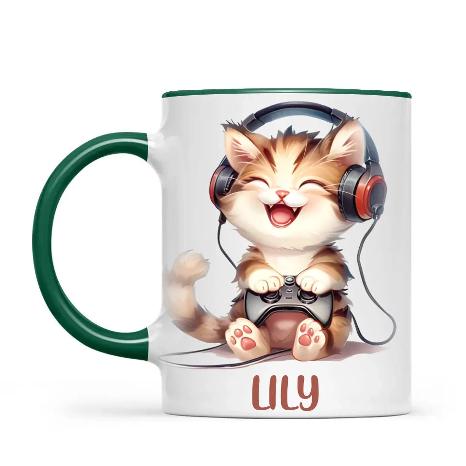 Personalised Gaming Cat Kids Cup - Custom Name Cup - 11oz, 6oz or Enamel - Cute Gamer Cat Gift - NZ Made